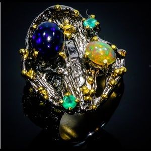 Unique Genuine Black Opal Sterling Silver Ring